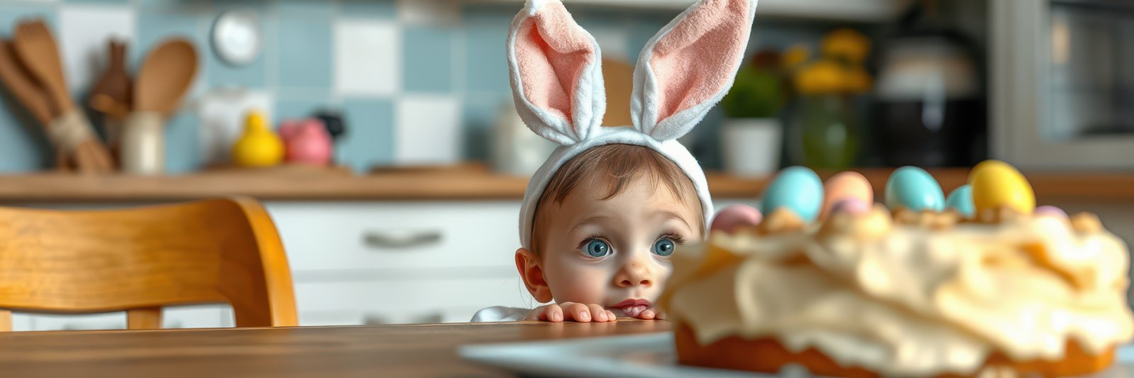 Baby with bunny ears eagerly reaching for Easter cake in a cozy kitchen setting during a festive celebration